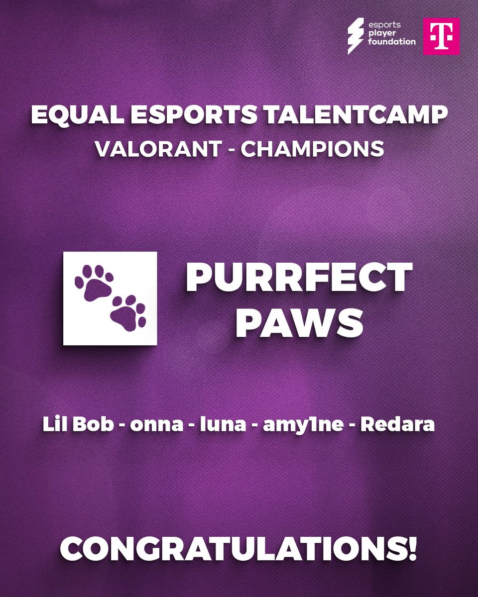 esports player foundation (@esportsplayerf1) on Twitter photo Your #EQUALESPORTS VALORANT talentcamp Champions: PURRFECT PAWS! 🐾
🥇 <a href="/lilbobsta/">ATN Lil Blob ʚɞ</a>
🥇 <a href="/onnamiso/">onna ૮ • ﻌ - ა</a>
🥇 <a href="/luna_vlr/">luna</a>
🥇 <a href="/Amy1VL/">TOG Amy1</a>
🥇 <a href="/Redarrrraaa/">Sara</a>
Congratulations! 🎉 Your #EQUALESPORTS VALORANT talentcamp Champions: PURRFECT PAWS! 🐾
🥇 <a href="/lilbobsta/">ATN Lil Blob ʚɞ</a>
🥇 <a href="/onnamiso/">onna ૮ • ﻌ - ა</a>
🥇 <a href="/luna_vlr/">luna</a>
🥇 <a href="/Amy1VL/">TOG Amy1</a>
🥇 <a href="/Redarrrraaa/">Sara</a>
Congratulations! 🎉