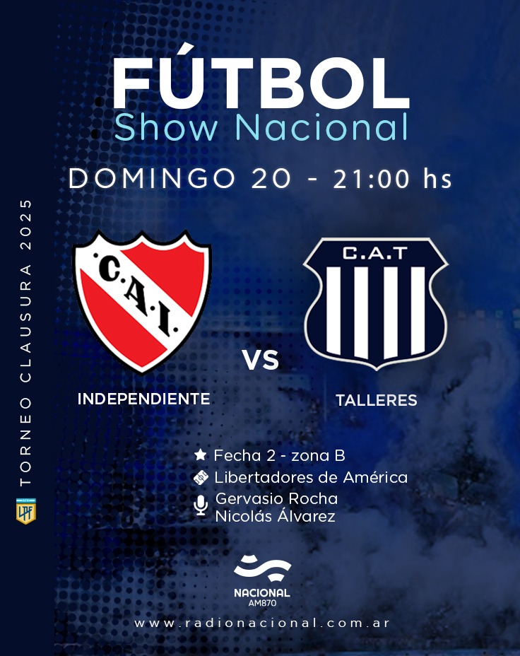 #FútbolShowNacional | ¡Domingo con mucho fútbol vamos a tener en <a href="/NacionalAM870/">Radio Nacional AM 870</a> ! ⚽📻

A partir de las 15 hs, hay programa y dos partidazos por #AM870 📻

⚽️ Belgrano vs Racing

⚽️ Independiente vs Talleres

#TuRadio #RadioNacionalAM870