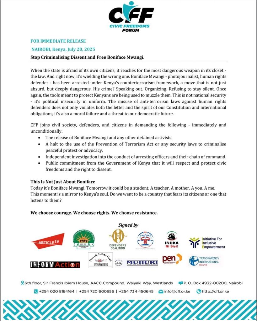 Immediate Release 
This is not justice  it is state repression in plain sight. A cowardly attempt to muzzle truth, intimidate dissent, and criminalize courage. As Mandela taught us: “It is the duty of the oppressed to rebel.” We demand his immediate release. #FreeBonifaceMwangi