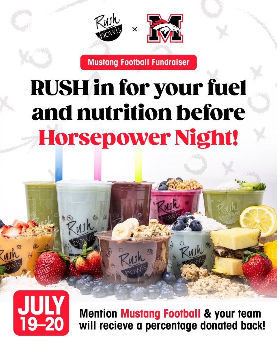 Rush Bowls - Mustang (@rushbowlsok) on Twitter photo Come support Mustang Football before their upcoming Horsepower Night! 🏈 <a href="/1BroncoFootball/">Mustang Football</a> <a href="/CoachLeeBlank/">Lee Blankenship</a> <a href="/robert4man/">Robert Foreman</a>
Sat & Sun. July 19-20, 9am-8pm
Rush Bowls will donate a percentage of all sales when you mention Mustang Football at checkout! 🍒🫐🍓 Come support Mustang Football before their upcoming Horsepower Night! 🏈 <a href="/1BroncoFootball/">Mustang Football</a> <a href="/CoachLeeBlank/">Lee Blankenship</a> <a href="/robert4man/">Robert Foreman</a>
Sat & Sun. July 19-20, 9am-8pm
Rush Bowls will donate a percentage of all sales when you mention Mustang Football at checkout! 🍒🫐🍓