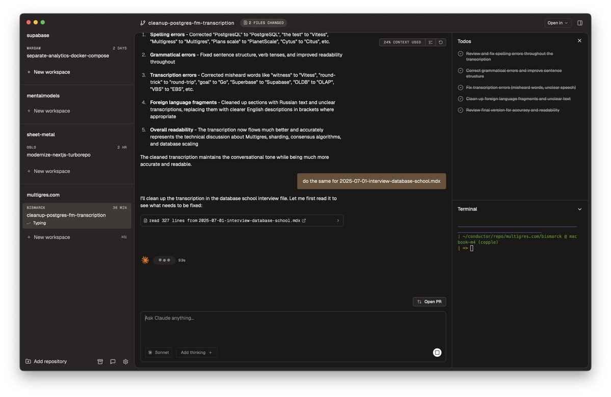 kiwicopple's tweet image. i'm enjoying conductor by @charliebholtz
you can fire off a bunch of claude code tasks simultaneously with a simple UI to track the progress
worth a look