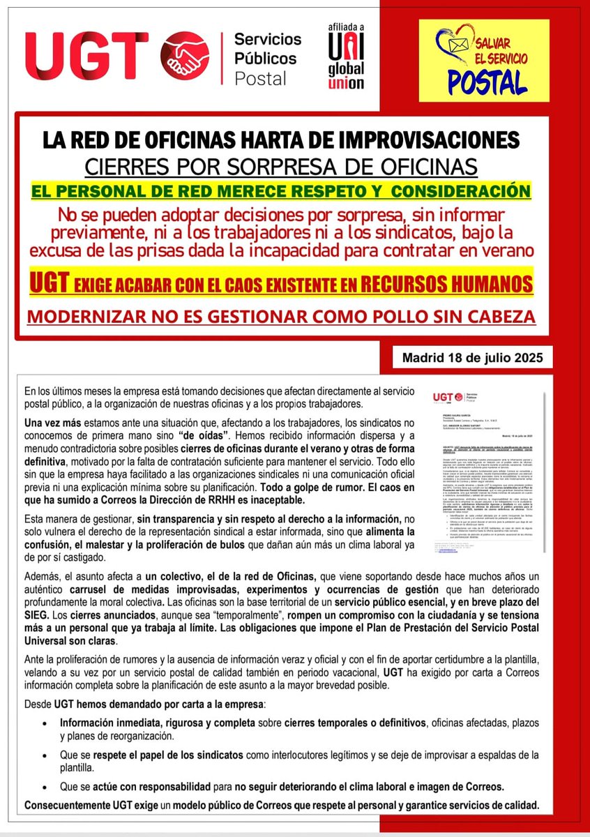 ➡️ Correos, cierres por sorpresa de Oficinas.
#correos #Correos #ugtcorreos
<a href="/Correos/">Correos</a>
<a href="/_efermar/">Encarna Fdez UGT</a> <a href="/AlperiJove/">JLuis Alperi Jove</a> <a href="/NicolasCortesR/">Nicolas Cortes</a> <a href="/JuanjoCasadoPea/">Juanjo Casado Peña</a> <a href="/Masa72172/">Miguel Angel</a> <a href="/UGT_SP/">UGT Servicios Públicos</a> <a href="/ugtcatalunya/">UGT de Catalunya</a> <a href="/ugt_sp_cat/">UGT - Serveis Públics de Catalunya</a> 
<a href="/PilarGonugt/">Pili Gonzalez</a>
