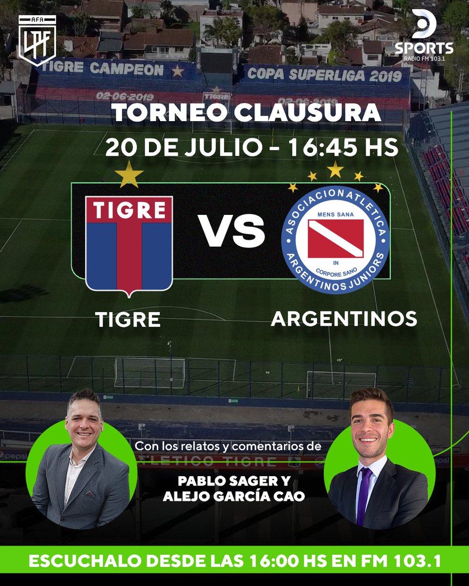 DSports Radio 103.1 FM (@dsportsradio) on Twitter photo 🏟️El Bicho viaja a Victoria para enfrentar a Tigre y lo vivís en DSPORTS Radio FM 103.1, #ElSonidoDelDeporte.
Desde las 16:00 transmitimos Argentinos Jrs - Tigre, con los relatos de @relatasager y los comentarios de <a href="/alejogarciacao/">Alejo García Cao</a> 🔝 🏟️El Bicho viaja a Victoria para enfrentar a Tigre y lo vivís en DSPORTS Radio FM 103.1, #ElSonidoDelDeporte.
Desde las 16:00 transmitimos Argentinos Jrs - Tigre, con los relatos de @relatasager y los comentarios de <a href="/alejogarciacao/">Alejo García Cao</a> 🔝