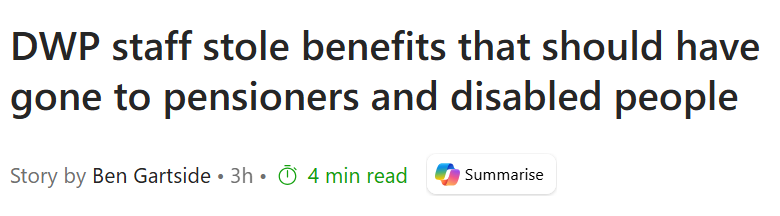 BENEFITS_NEWS's tweet image. DWP staff stole benefits that should have gone to pensioners and disabled people 
msn.com/en-gb/money/ot… #TomorrowsPapersToday #FrontPages @DWPgovuk @leicesterliz @stephenctimms @DisabilityGovUK @CommonsWorkPen @Debbie_abrahams