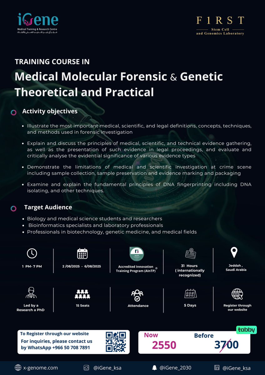تذكير هام جدًا: المقاعد تكاد تكتمل! ⚠️ 

لا تترددوا أكثر، سارعوا بالتسجيل في "Medical Molecular Forensic &amp; Genetic Training Course" قبل أن تكتمل قائمة المشاركين

انضموا إلى عائلة iGene وتطوّروا في مجال الطب الجنائي والوراثة

 سجّل الآن: x-genome.com 

#iGene