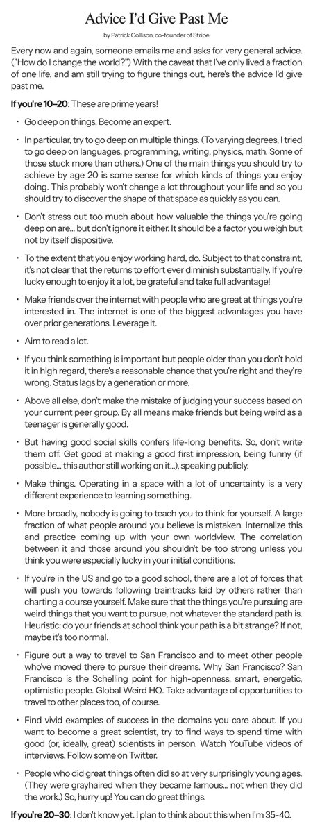 foundertribune's tweet image. "Advice I'd Give Past Me" by Patrick Collison
