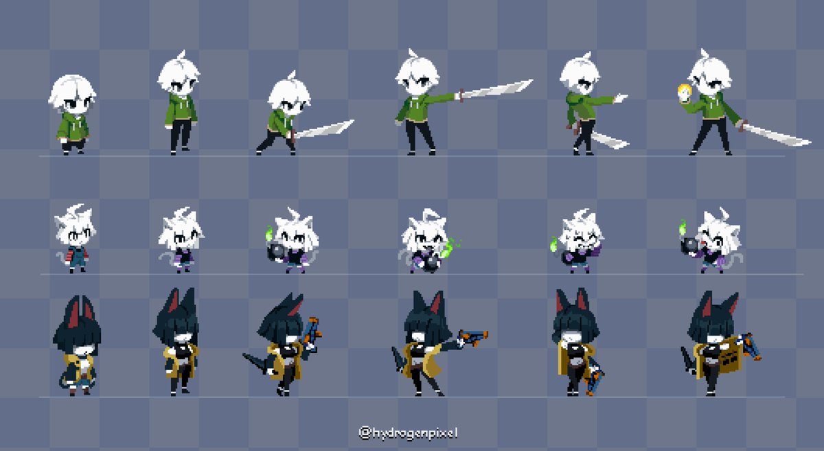 hydrogenpixel's tweet image. It's been a long time since the last post.
It started with simple character sketches
Now I'm working on my own game and I'm ready to show you some poses related to the battle system
It will be a quirk rpg, with some mechanics from Persona and Deltarune
#pixelart #ドット絵