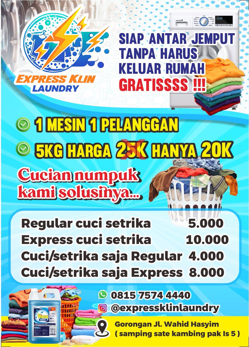 BabyClvn's tweet photo. Halo. Di Jl Wahid Hasyim Jogjasamping Sate Kambing Pak Is 5 ada laundry murah pol. Pakai deterjen Rinso Profesional nyucinya yes jadi amaan.
Namanya Express Klin Laundry. Lagi promo cuci 5kg, bayar nya 20k ajaa.
Free pickup delivery jg. Wa 081575744440
 Upn, seturan, perumnas https://t.co/atcBWSKMAK