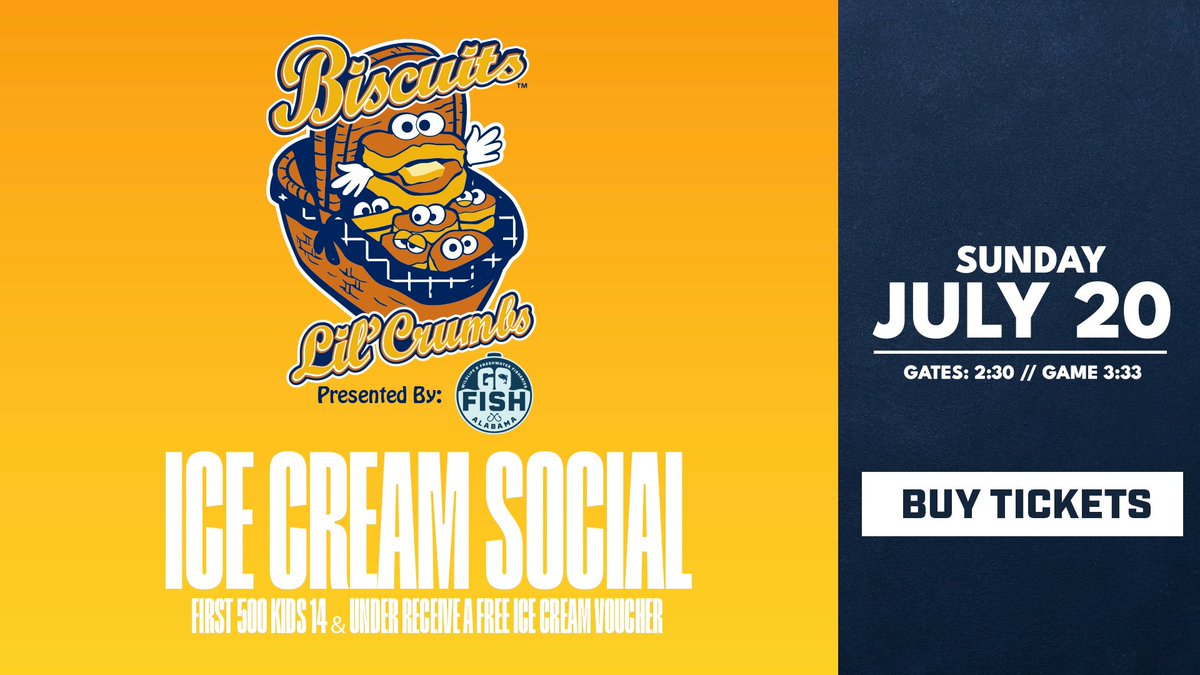 BiscuitBaseball's tweet image. Happy National Ice Cream Day 🍦
⚾️ FREE Ice Cream to first 500 fans 14 & under presented by Go Fish Alabama
⚾️ Pre-Game Catch on the Field
⚾️ Bark in the Park presented by WAKA 8 News
⚾️ Kids Run the Bases presented by Powerade
Tickets 🎟️: tinyurl.com/2ssua54h