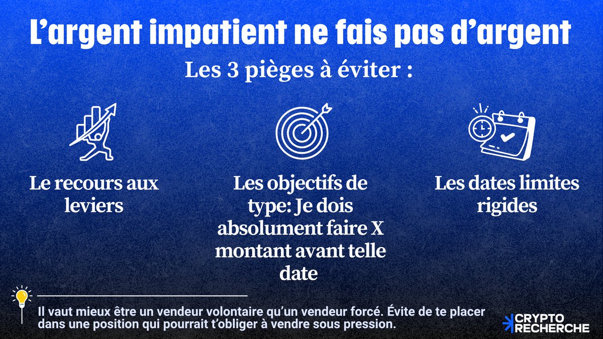 Comme nous entrons dans la saison des altcoins, je vous rappelle quelques règles de survie : 

- Il y aura de grosses corrections de 2 à 5 jours pour liquider les gens à levier. Donc ÉVITEZ les leviers.

- L'argent "impatient" ne fait pas d'argent, voir l'image ci-bas.

- Les