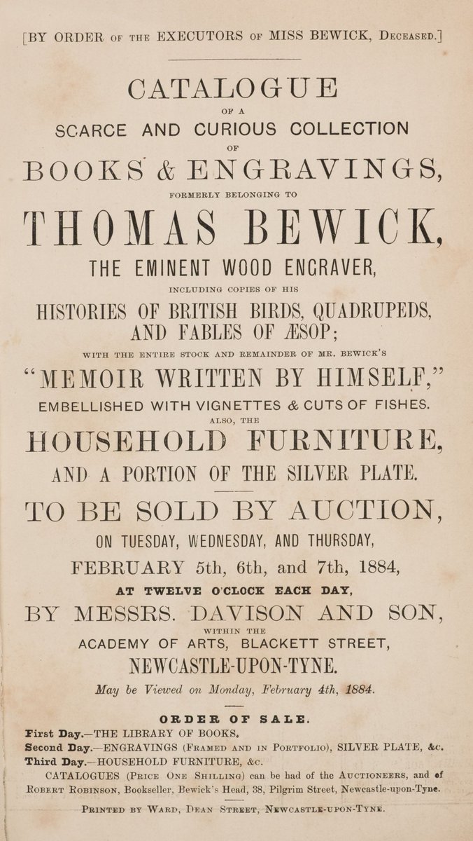robertneuk's tweet image. At auction, a "Catalogue of a Scarce and Curious Collection of Books & Engravings Formerly Belonging to Thomas Bewick ..."
This was the 1884 auction of items belonging to Jane Bewick, Bewick's daughter.
Image courtesy of Dominic Winter Auctions