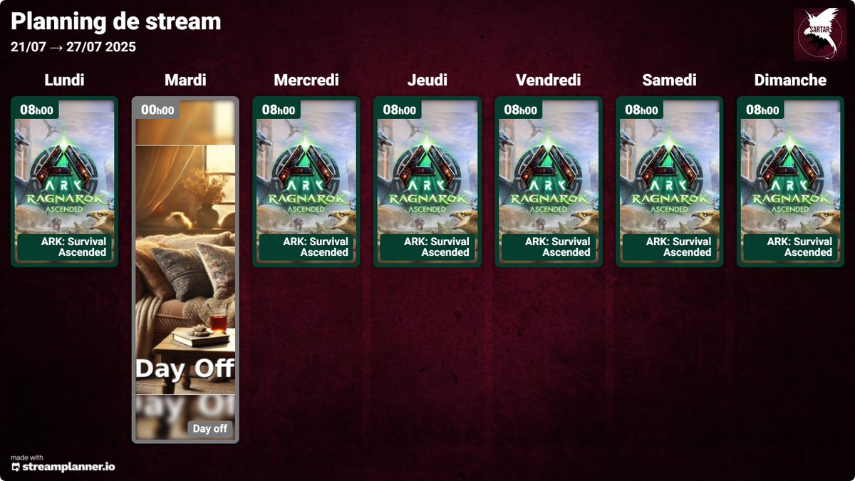 Sartar_'s tweet image. 🗓 Planning 21-27/07
Tous les matins 8h : ARK: Survival Ascended - Ragnarok !
Mardi : chantier, pas de live.
Pas trop de news côté jeux/survie &amp;amp; MAJ... des idées ? MP ! 👀
#Twitch #ARKSurvivalAscended #Survie