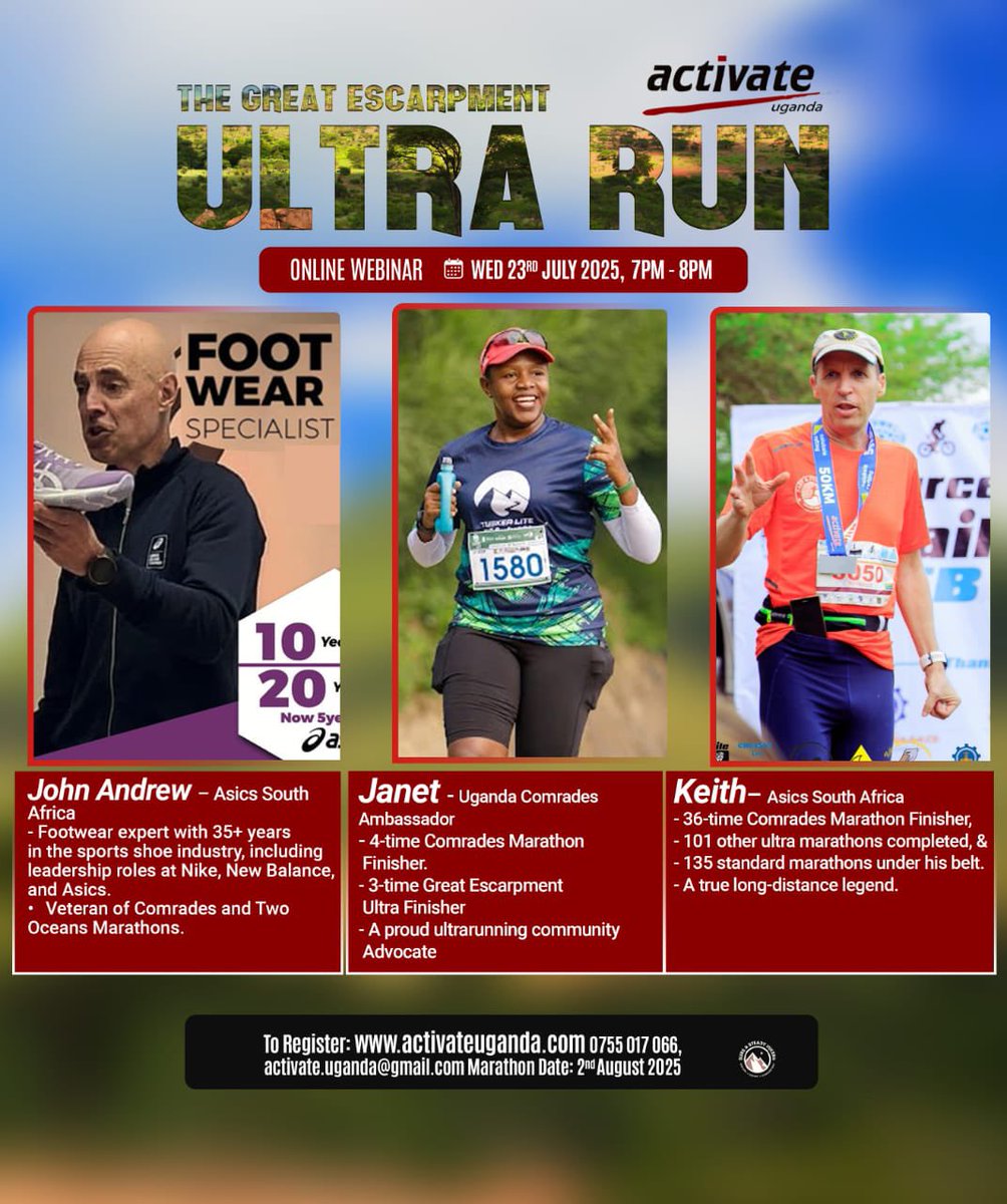 ActivateUgandaL's tweet image. ✨12 days to the Great Escarpment Ultra Run - Are you ready? ✨
🗣️ Join in for a special Ultra Running WEBINAR on Wed 23rd July, 7-8pm.
🥳 This will be an epic online session with re-known ultra running legends from 🇺🇬 & 🇿🇦
Listen in 4 footwear tips, ultra inspo & real talk!