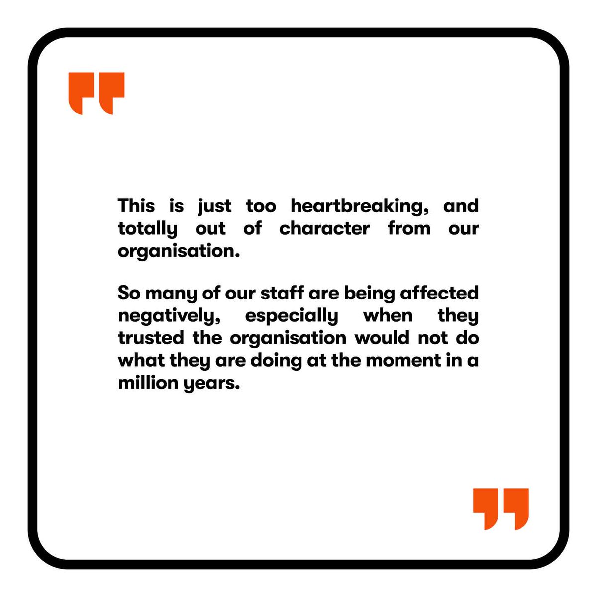 UniteITF's tweet image. ITF staff are insisting on a fair process that ensures genuine consultation and negotiation in the organisation-wide restructuring.
Our survey revealed massive problems with the process to date. The data is clear on this – and so are the testimonies members of staff shared.