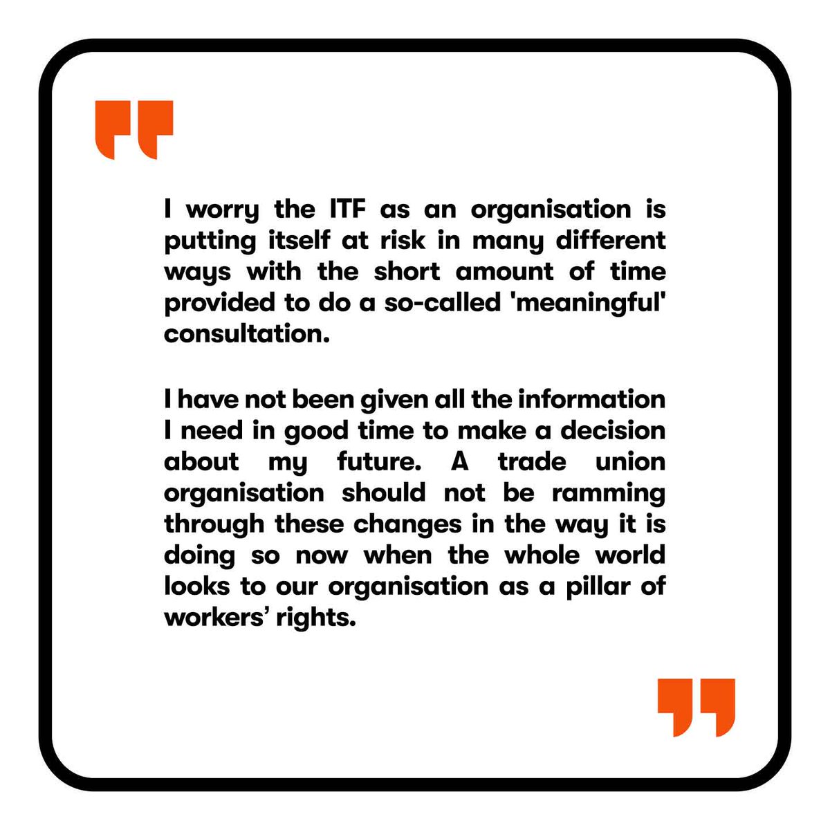 UniteITF's tweet image. ITF staff are insisting on a fair process that ensures genuine consultation and negotiation in the organisation-wide restructuring.
Our survey revealed massive problems with the process to date. The data is clear on this – and so are the testimonies members of staff shared.