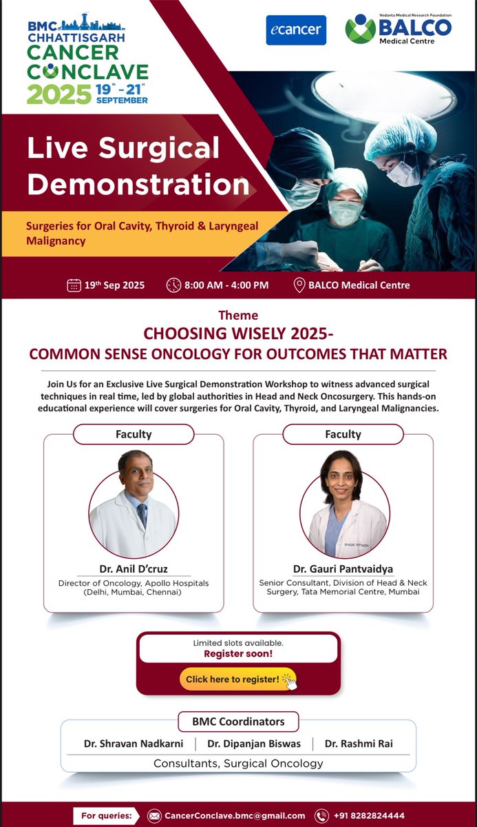 Shravan Sharad Nadkarni (@oncoshravan) on Twitter photo <a href="/BalcoMedical/">BALCO Medical Centre</a> Centre, Naya Raipur is back with the 3rd edition of the BALCO Annual Cancer Conclave on the 19th, 20th & 21st of September 2025 at <a href="/BalcoMedical/">BALCO Medical Centre</a> & Mayfair Lake Resort.
This year we have a Live Operative Workshop on Head & Neck cancer surgery by a surgeon who has <a href="/BalcoMedical/">BALCO Medical Centre</a> Centre, Naya Raipur is back with the 3rd edition of the BALCO Annual Cancer Conclave on the 19th, 20th & 21st of September 2025 at <a href="/BalcoMedical/">BALCO Medical Centre</a> & Mayfair Lake Resort.
This year we have a Live Operative Workshop on Head & Neck cancer surgery by a surgeon who has