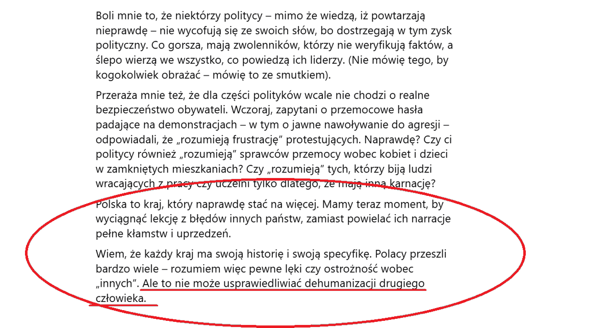 To fragment wpisu Elmiego, Somalijczyka, który jest w Polsce od 27 lat. Ma polskie obywatelstwo, rodzinę, mówi po polsku. Do tej pory czuł się u nas bezpiecznie. Teraz już nie. Bo ma inny kolor skóry. Naprawdę, tego chcemy? Dehumanizacji innych z powodu koloru skóry? #Nienawiść