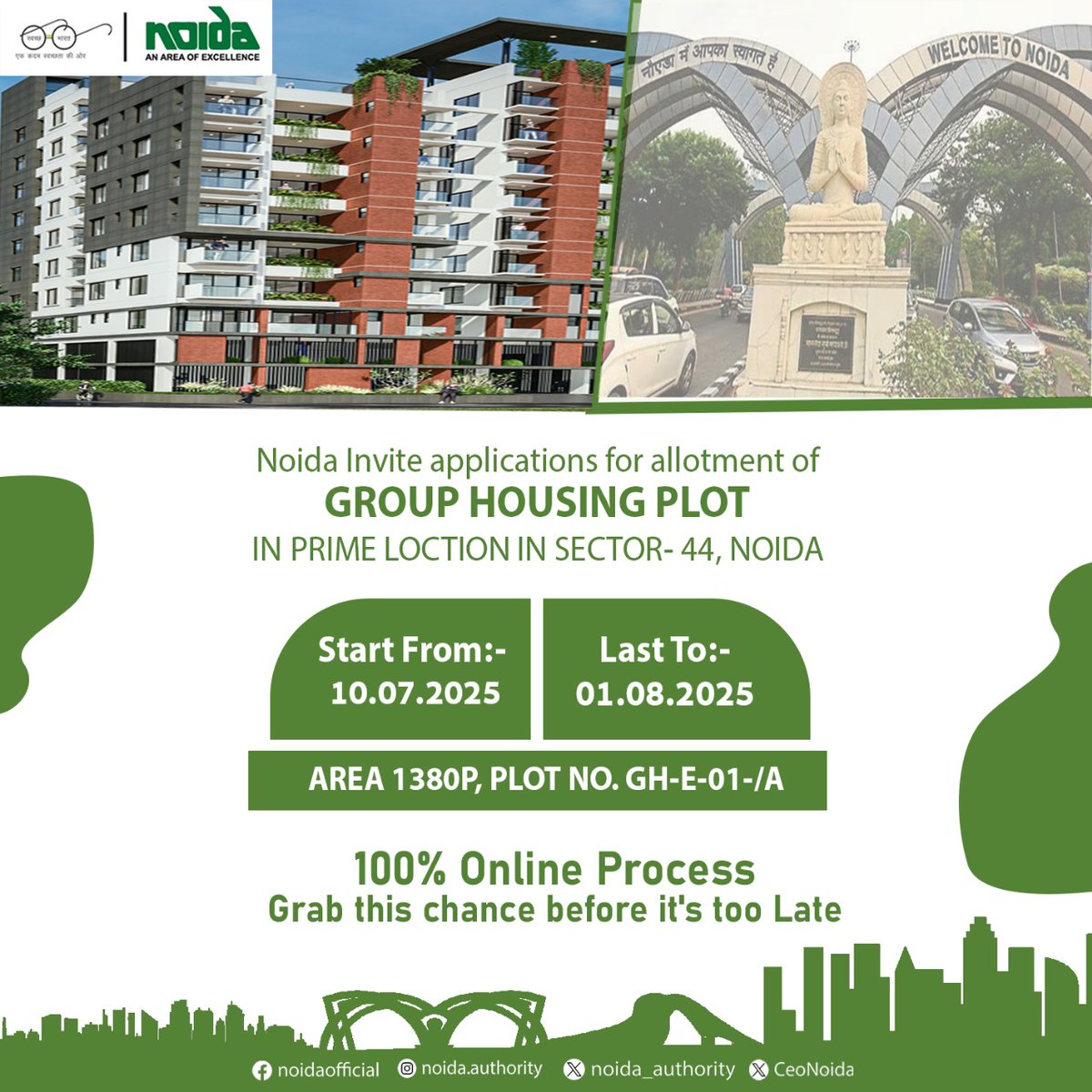 noida_authority's tweet image. Invest in NOIDA — where progress is already taking shape.
🚀 From global investors to world-class infrastructure, Noida is evolving into one of India’s most dynamic growth hubs.
Now’s your chance to be a part of it!
🔹 New E-Auction Schemes Now Live for:-
🏢 Commercial Plots…