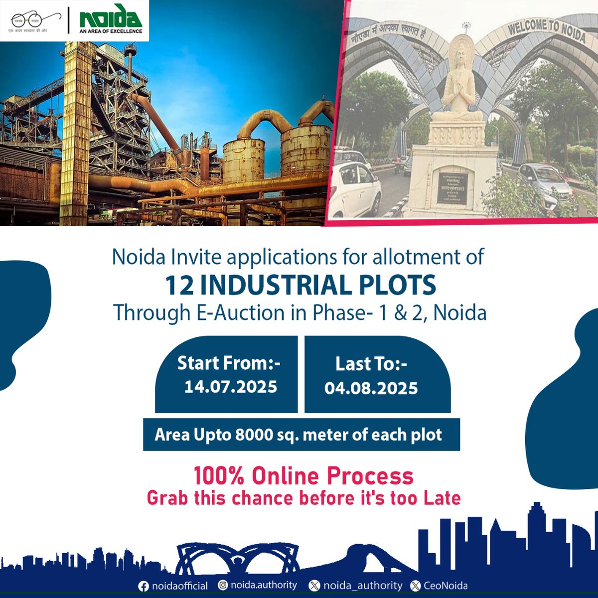 noida_authority's tweet image. Invest in NOIDA — where progress is already taking shape.
🚀 From global investors to world-class infrastructure, Noida is evolving into one of India’s most dynamic growth hubs.
Now’s your chance to be a part of it!
🔹 New E-Auction Schemes Now Live for:-
🏢 Commercial Plots…