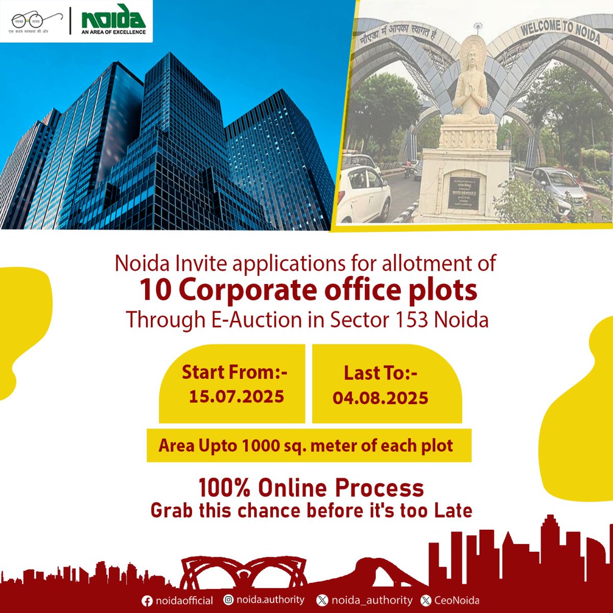noida_authority's tweet image. Invest in NOIDA — where progress is already taking shape.
🚀 From global investors to world-class infrastructure, Noida is evolving into one of India’s most dynamic growth hubs.
Now’s your chance to be a part of it!
🔹 New E-Auction Schemes Now Live for:-
🏢 Commercial Plots…