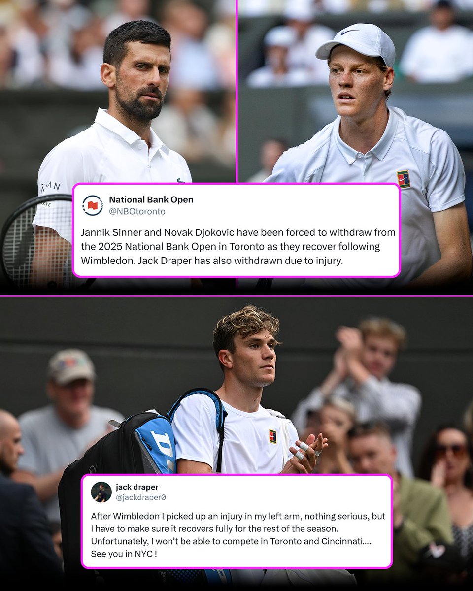 tntsports's tweet image. Novak Djokovic, Jannik Sinner and Jack Draper have all withdrawn from the 2025 Canadian Open as the trio each recovers from Wimbledon, the ATP Masters 1000 tournament have confirmed ❌