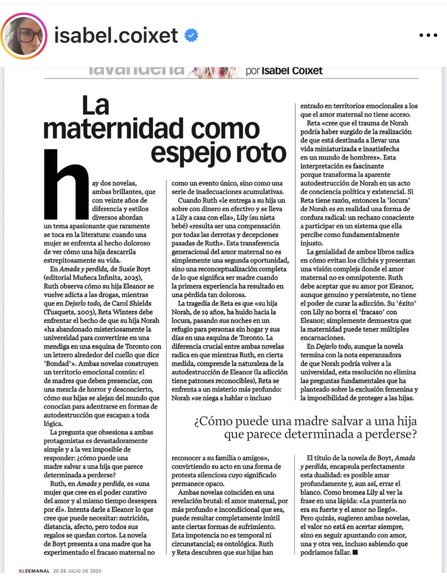 Isabel Coixet sobre “Amada y perdida” de ⁦<a href="/SusieBoyt/">Susie Boyt</a>⁩  en ⁦<a href="/XLSemanal/">XLSemanal</a>⁩