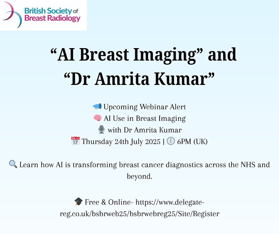 Discover how Al is revolutionising breast cancer diagnostics! Join Dr. Amrita Kumar for a free webinar on Al in Breast Imaging - 24th July 2025 at 6PM (UK).
Register now : delegate-reg.co.uk/bsbrweb25/bsbr…