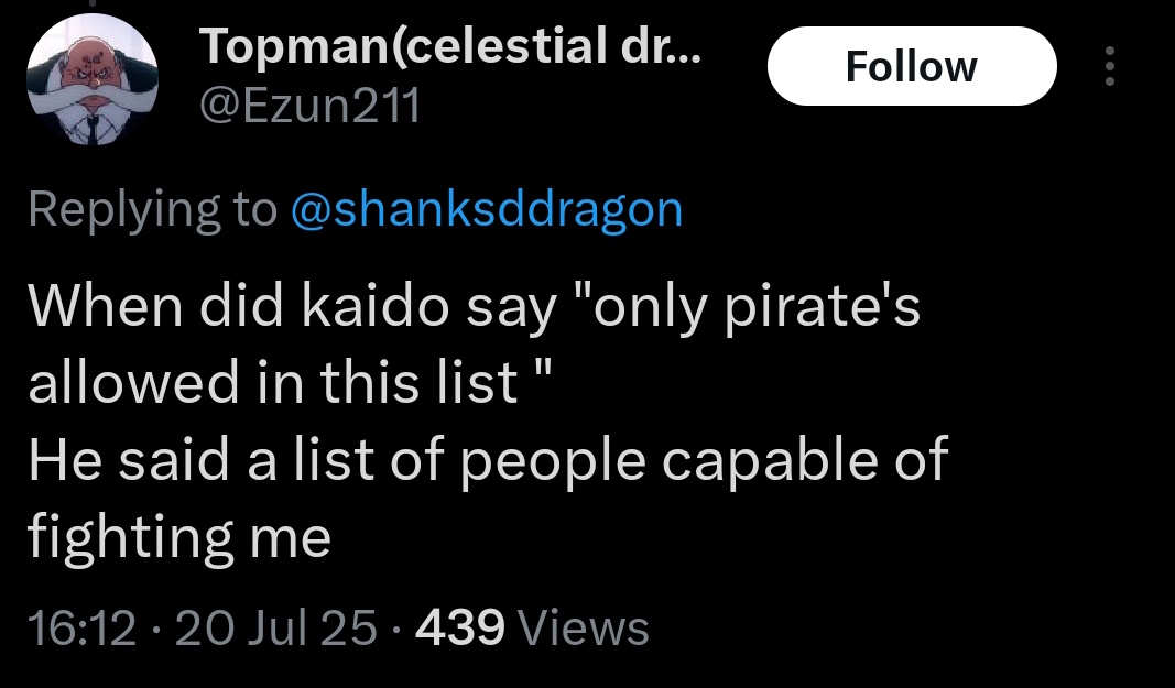Yeah and Mihawk isn't capable of fighting kaido. See reading ain't that hard