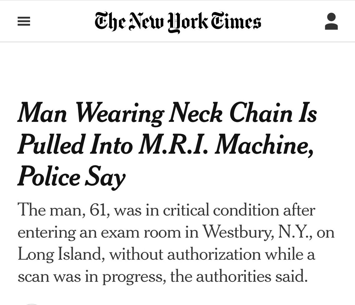 אגב טרגדיית הM.R.I בניו יורק: 
בישראל היו לאחרונה כמה אירועים של תעופת אקדח לתוך מכשיר M.R.I, אחד מהם גרם לפציעה של המטופל. 
אותו מטופל הגיע מלווה בבנו, שתושאל לגבי חפצים מתכתיים ואחסן את דבריו בלוקר. הוא ישב בפינת חדר הבדיקה ובסופה ניגש לעזור לאביו לקום. אקדח שהיה נעוץ בחגורה