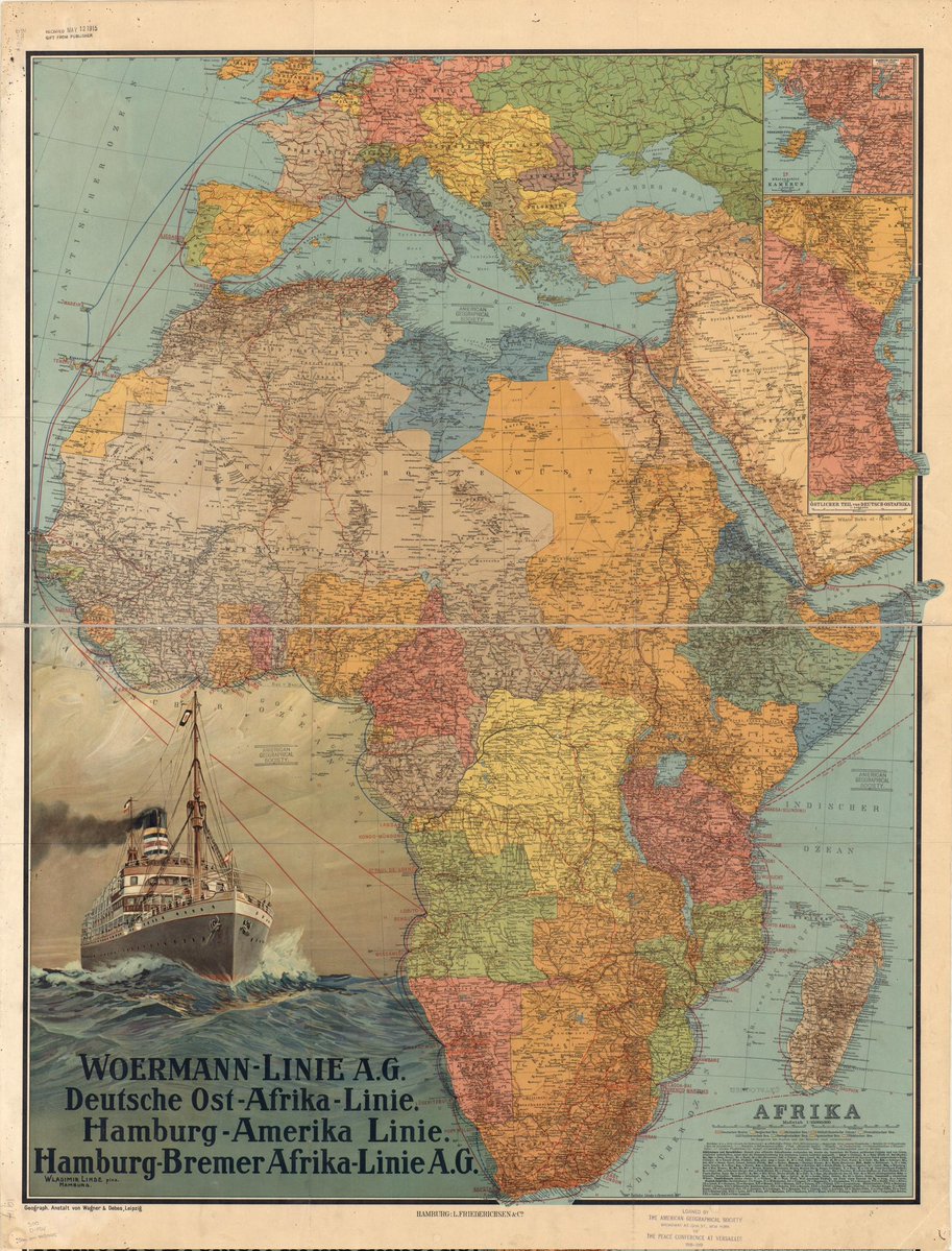 MapsAfrican's tweet image. This 1914 map from the World Digital Library shows shipping routes connecting Germany to many parts of the African coast, including its coIonies at the time such as Togo, Cameroon, Southwest Africa (now Namibia), and East Africa (now Tanzania).