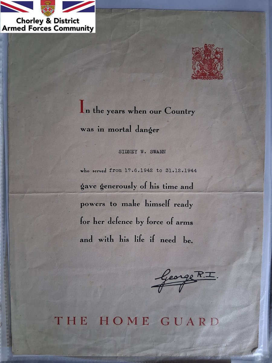 Not all uniformed service during the war was rewarded with a medal 📜
Here is a #WW2 Home Guard Service Certificate awarded to Sydney Wilkinson Swann from #Chorley: 1922-1994 🇬🇧
Details about my Mayor of #Adlington charity ⬇️
justgiving.com/crowdfunding/s…
#localhistory #warmemorial