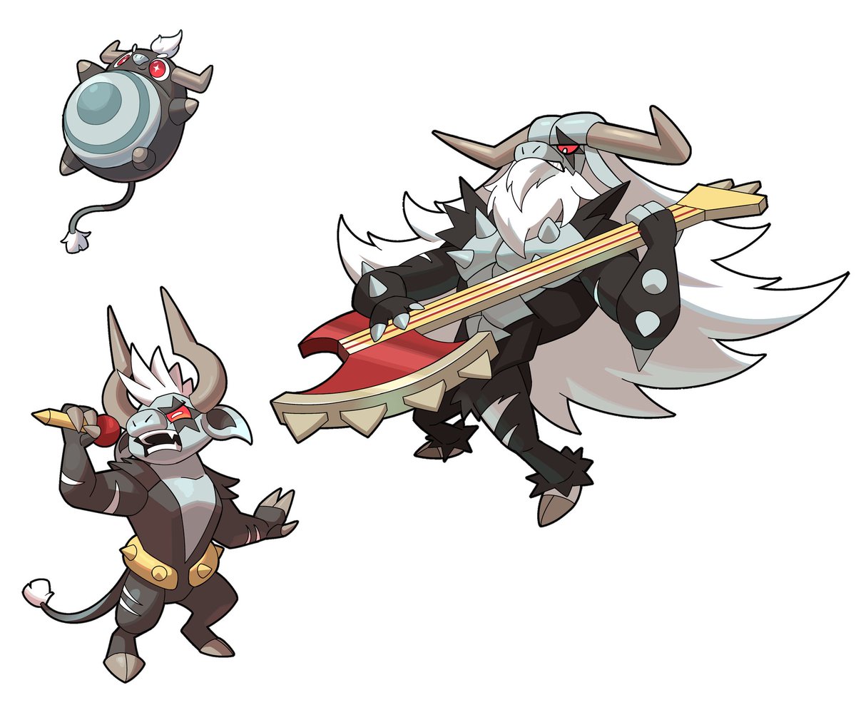 Jellymonsart's tweet image. a pokemon family inspired by minotaurs and rock! I thought it would make sense for him to have an axe and guitar as a weapon. What do you think?
#pokemon #fakemon
