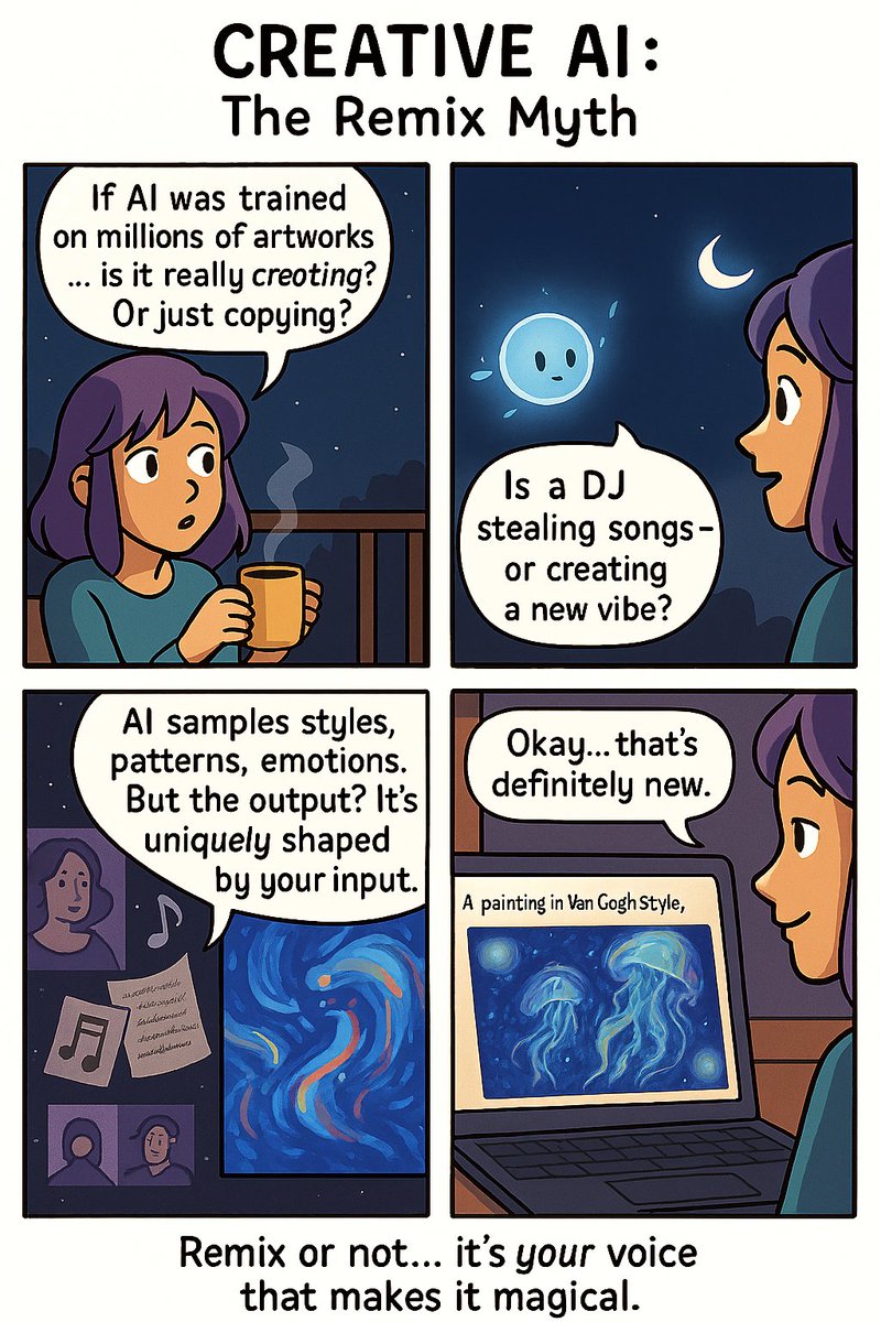Lilac_code_'s tweet image. Does AI just remix? Or can it dream something new? Episode 2 of my Creative AI comic is here! 🧠✨ Let me know what you think 💜 #CreativeAI #AIart #ComicsThatExplain #WomenWhoCode #buildinpublic