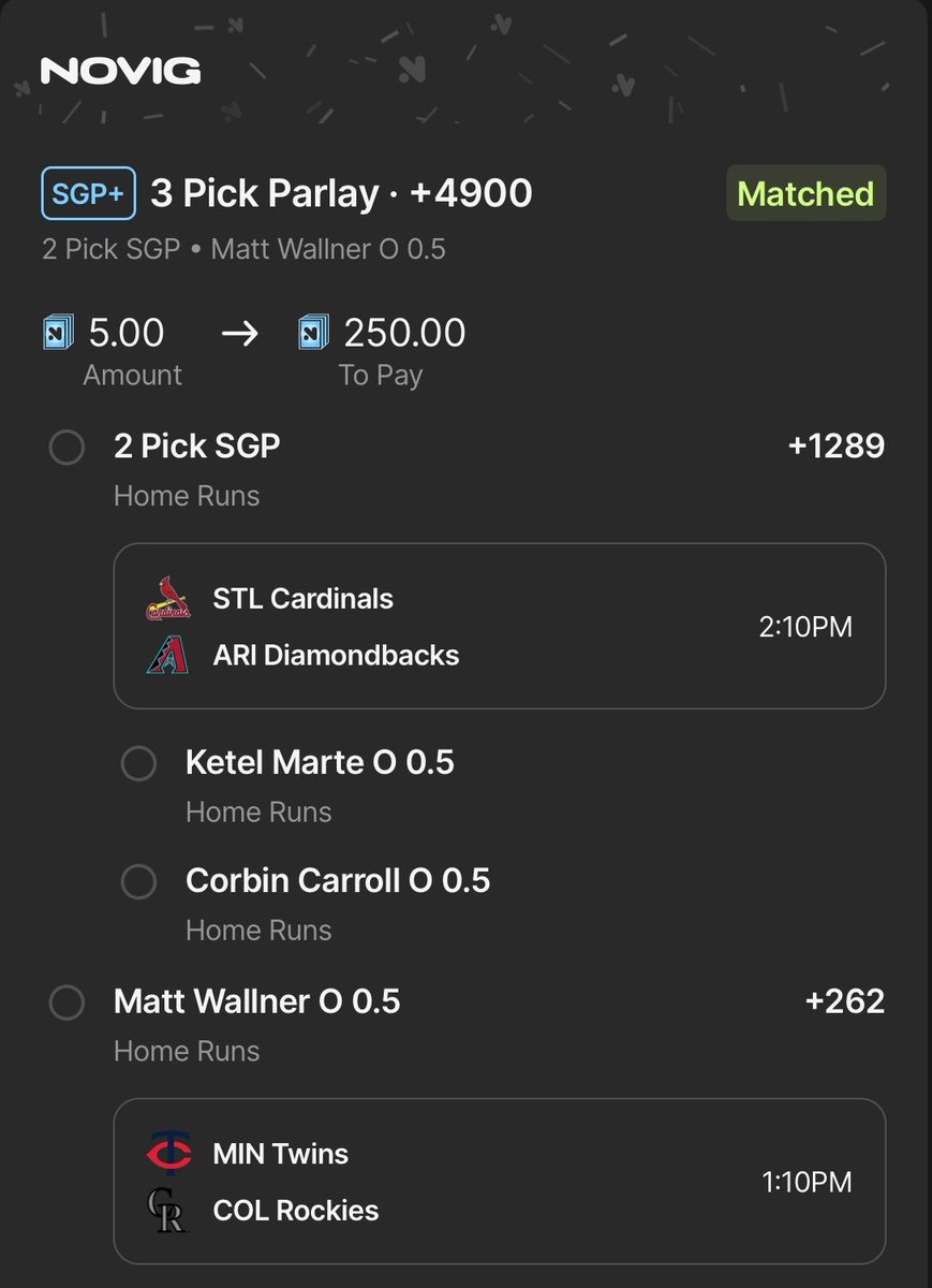 🚨 Sunday Funday, let’s cash this! 

🔥 Locked in a degen parlay with the @FurnacePicks HR model: Ketel Marte 💪, Corbin Carroll ⚡, Matt Wallner 💥

Wanna get in on the action? Join the full homer-verse model at dubclub.win/r/p/pri-jzget/… with code Parlay for 50% off your first