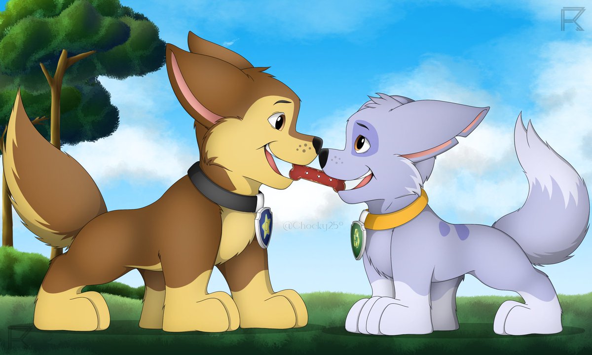 R_Project25's tweet image. &quot;The Red Treat&quot;

According to the Vote results, Chocky Fanart is the Winner! So here i give you a Lovely Fanart of Chase and Rocky sharing treat lol😏 remake from episode &quot;Pups help Mayor Humdinger out of a Jam&quot;

#PawPatrol #Chase #Rocky #nickjr #fanart #furry #Nickelodeon #Feral