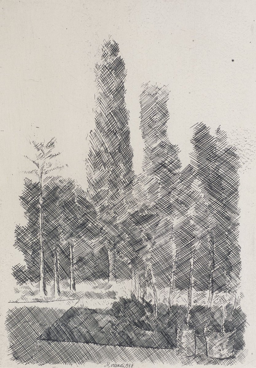 #Onthisday Giorgio Morandi was born in 1890.

In 1912 he taught himself to etch using old manuals, and printmaking came to occupy an important place within his practice.

Giorgio Morandi, Poplars, 1930.
