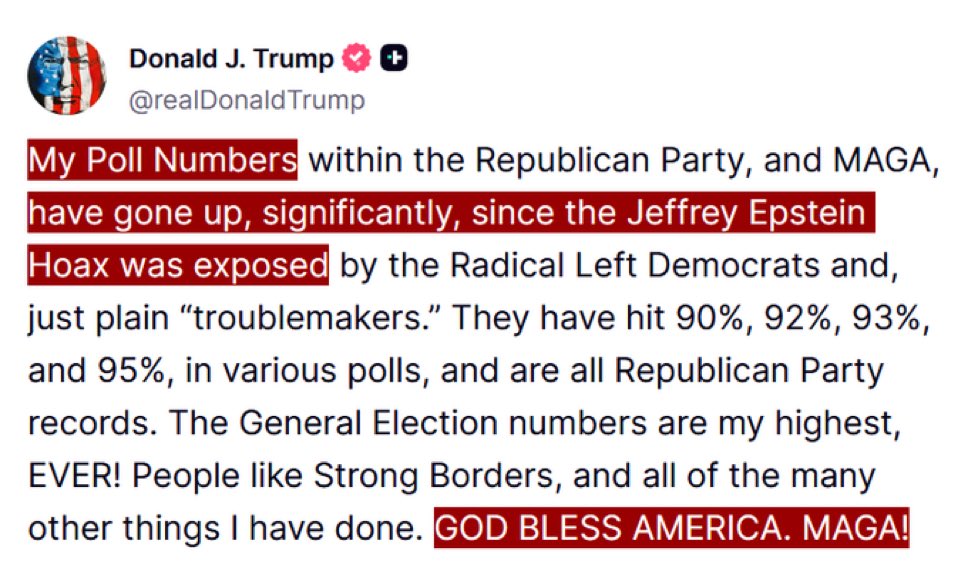 EdKrassen's tweet image. So Trump is celebrating not releasing the Epstein files because he claims it helped his poll numbers.
You can’t make this narcissism up!
