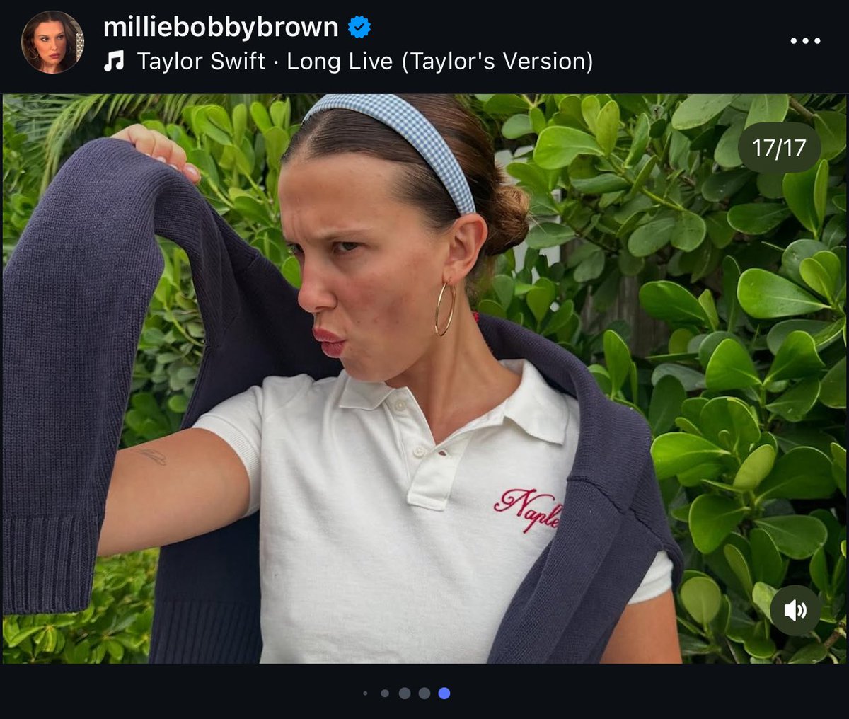 theTSupdates's tweet image. 📲| Millie Bobby Brown used Taylor Swift’s "Long Live (Taylor’s Version)" on her latest IG post.
