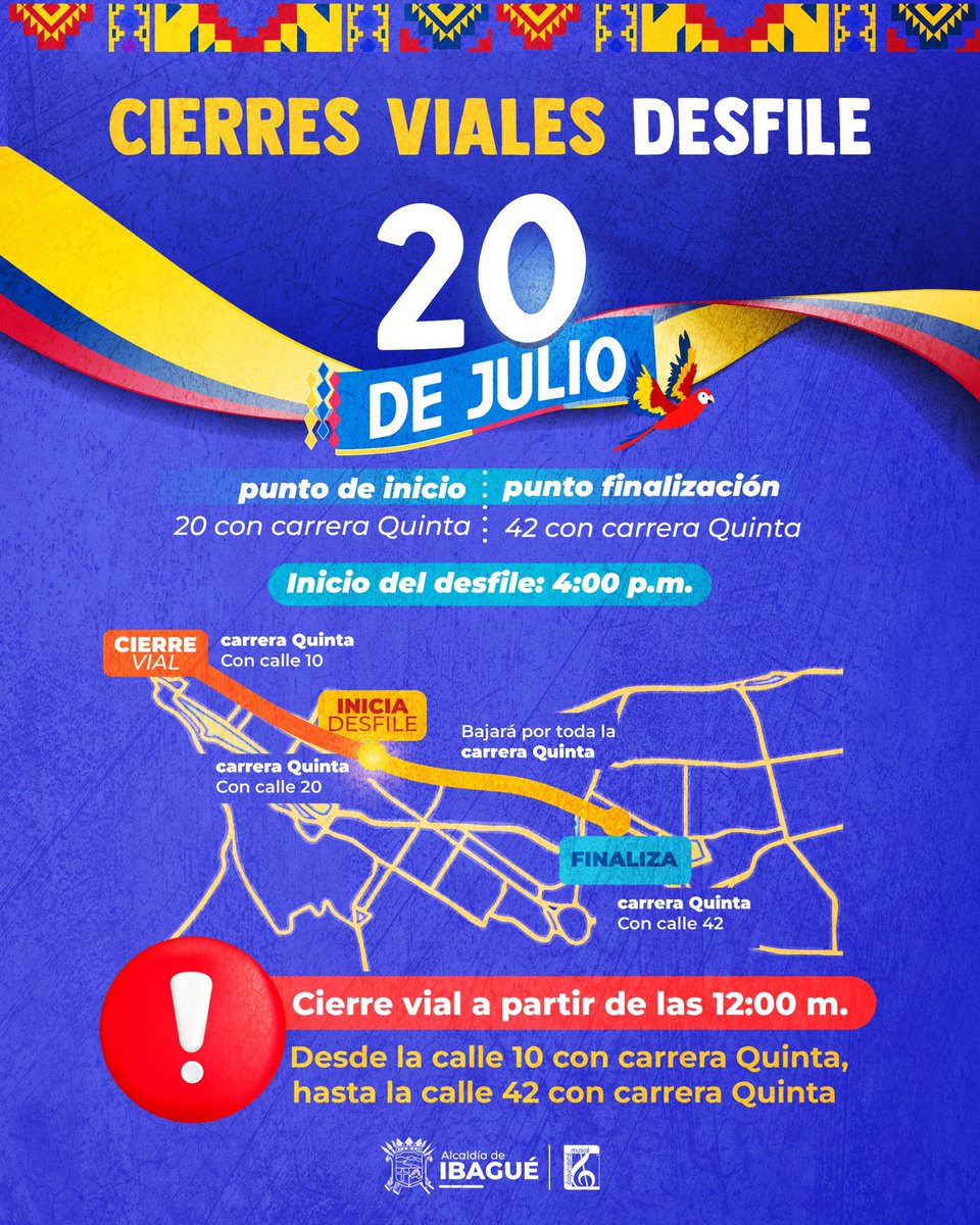 🚧 ¡Atención, conductores!
Este domingo 20 de julio, se presentarán cierres viales sobre la carrera Quinta por motivo del desfile: Conócelos 👇🏽.