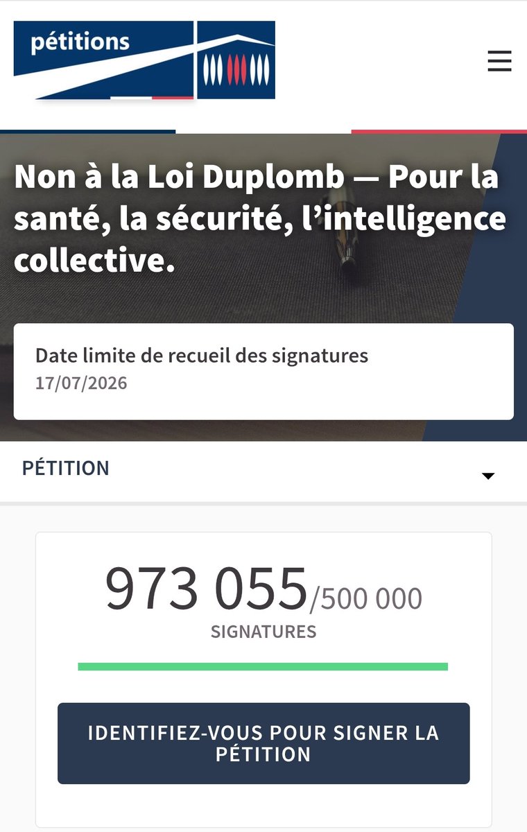 Incroyable dynamique autour de la pétition demandant l'abrogation de la loi Duplomb !

Aidez-la à franchir le million de signatures dès ce soir, afin d'accentuer la pression 👇
petitions.assemblee-nationale.fr/initiatives/30…