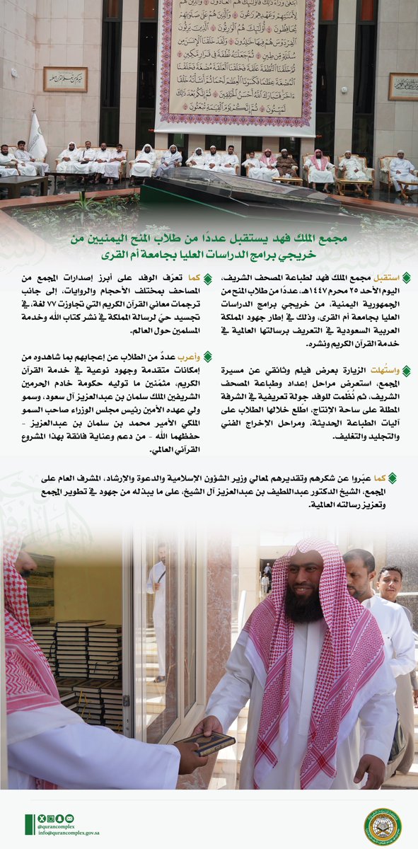 qurancomplex's tweet image. مجمع الملك فهد يستقبل عددًا من طلاب المنح اليمنيين من خريجي برامج الدراسات العليا بجامعة أم القرى.
للاطلاع على الخبر :
qurancomplex.gov.sa/1447012501-2/