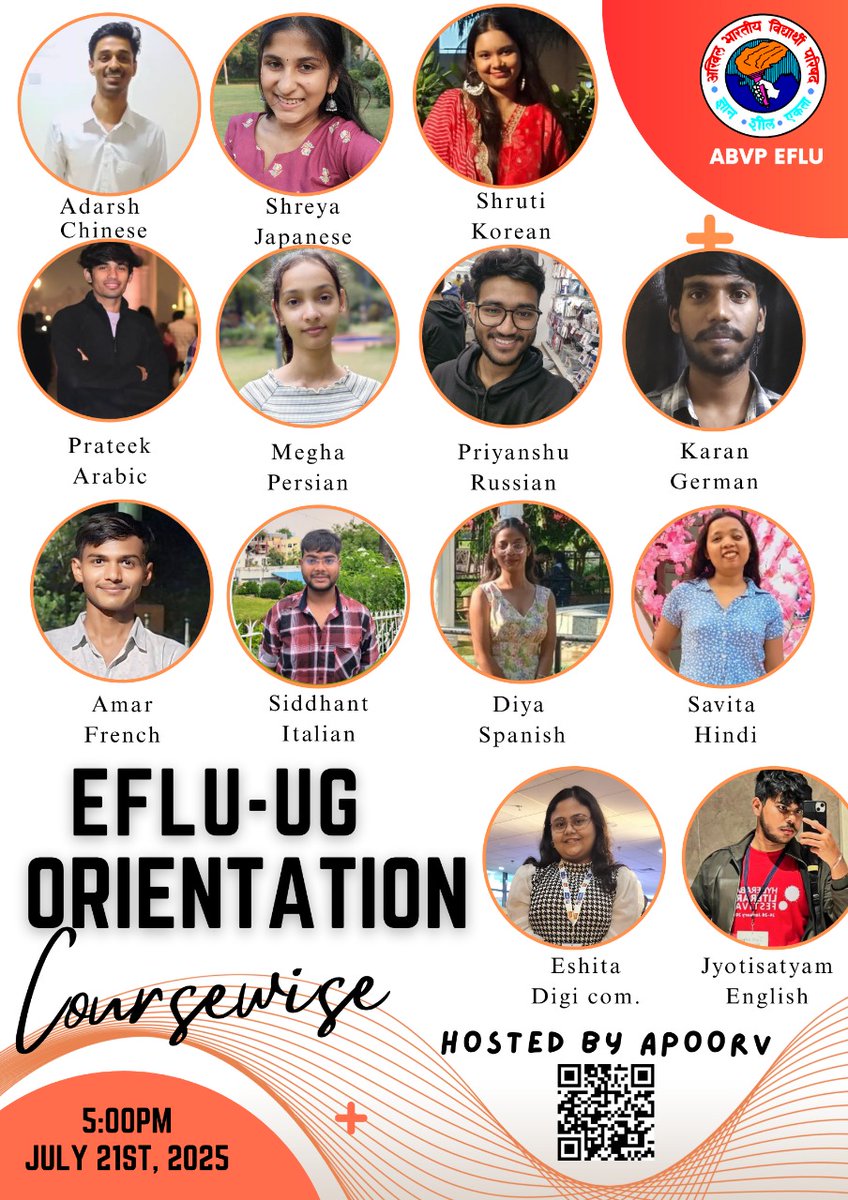 ABVP_EFLU's tweet photo. 🎓✨ *Excited to Start Your Journey at EFLU?* 
We’ve got just the right beginning for you! Join us for the *EFLU-UG Course wise Orientation 
 Regards
 ABVP EFLU
@ABVPVoice @ABVPTelangana https://t.co/VU0tDvAbKd
