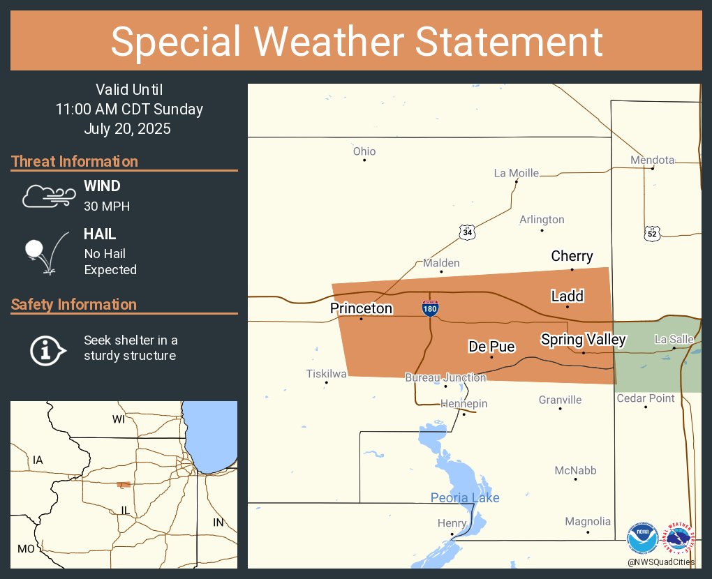NWSQuadCities's tweet image. A special weather statement has been issued for Princeton IL, Spring Valley IL and De Pue IL until 11:00 AM CDT