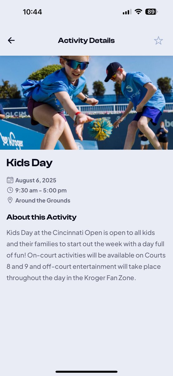 KathyLawler's tweet photo. @CincyTennis The Cincinnati Open app says Wednesday Aug 6 for Kids Day. Can you verify which date is correct? https://t.co/gUeJApDCxR