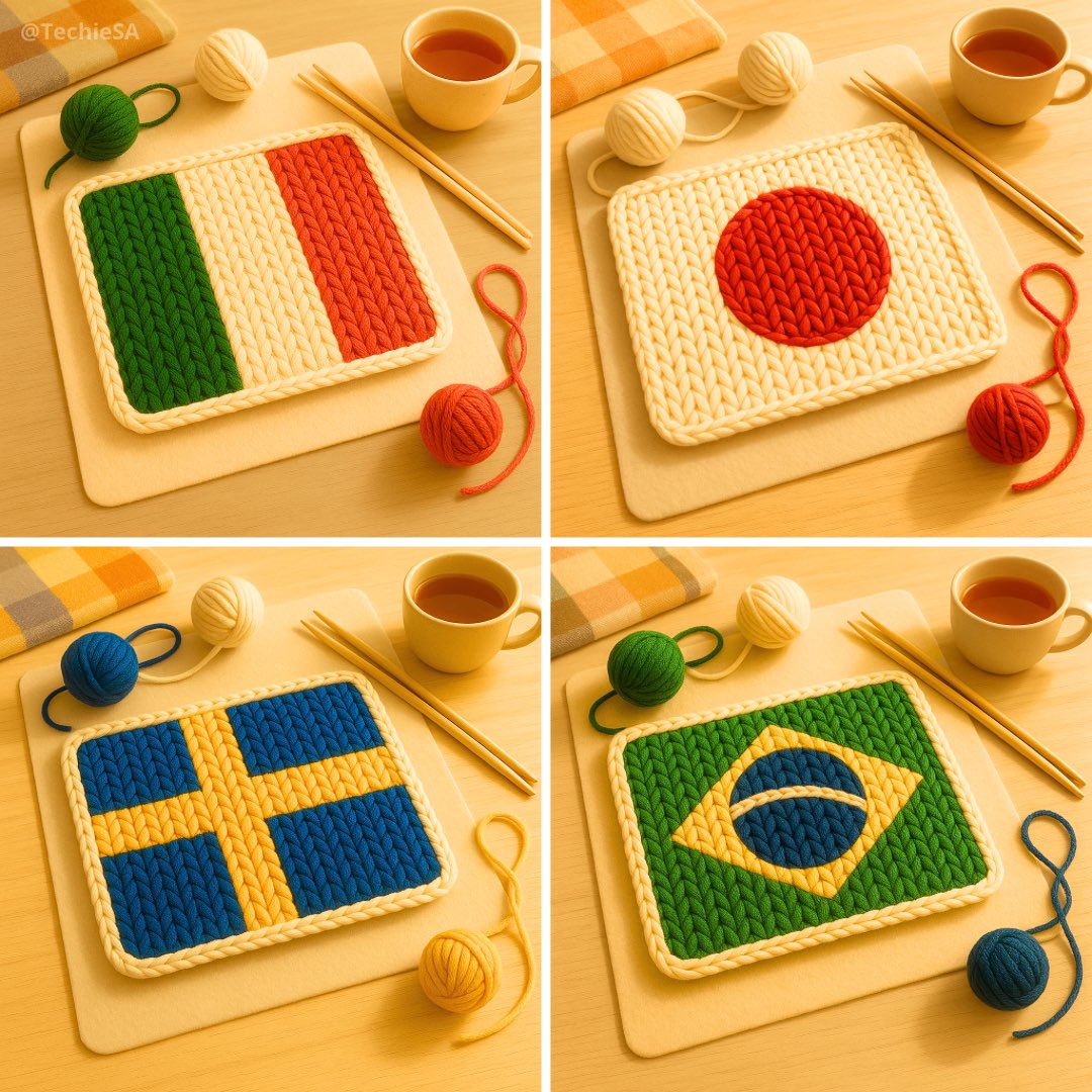 TechieBySA's tweet image. More Knitted Country Flags by GPT-4o🧶
Prompt in ALT👇🏻