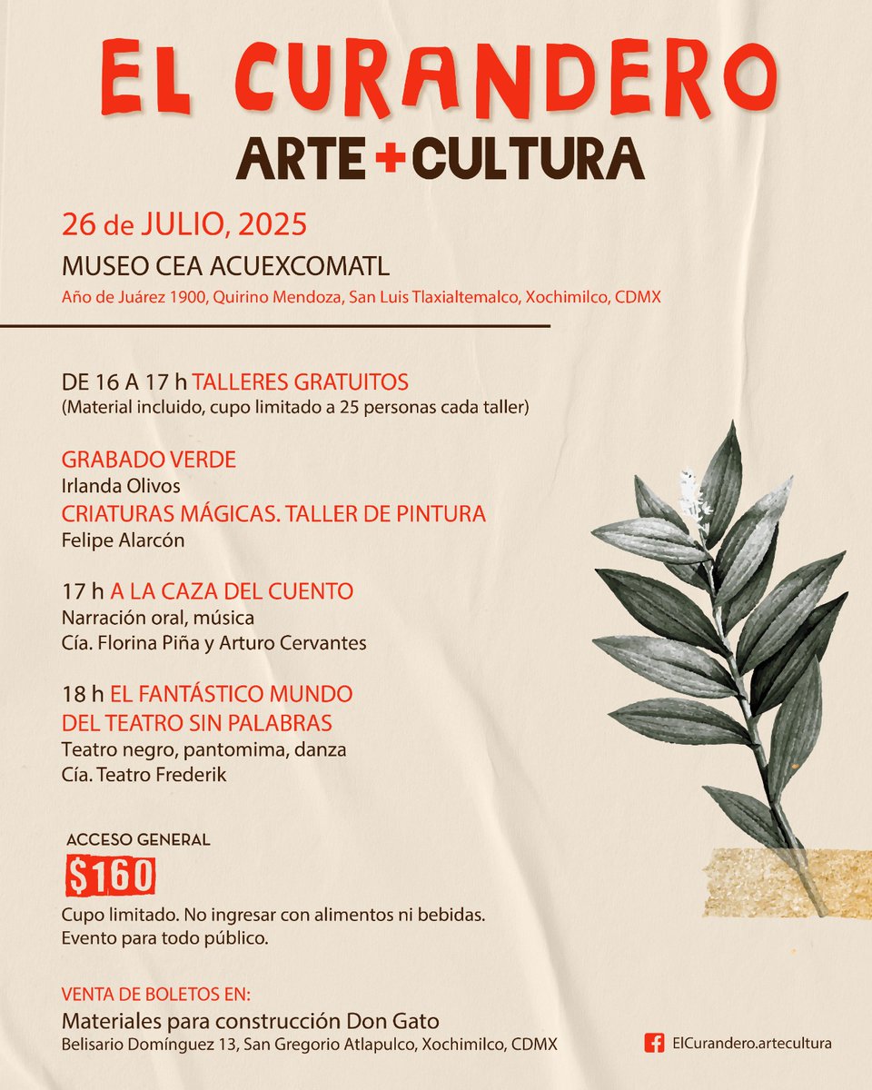 #Recomendamos

Te invitamos a #ElCurandero, una iniciativa que busca descentralizar la cultura en #CDMX.

Talleres, narraciones, pantomima, clown, danza y teatro negro.🎪📖🎭

📅26 de julio, 16 h
📍 Centro de Cultura Ambiental Acuexcomatl
+ info 👉🏽 goo.su/BfrU8O.