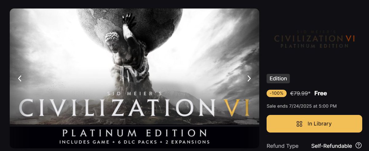 CasperHuls's tweet image. Tip voor PC gamers: Civilization VI Platinum Edition is tijdelijk gratis verkrijgbaar in de Epic Games Store. Kost gewoonlijk 79,99.