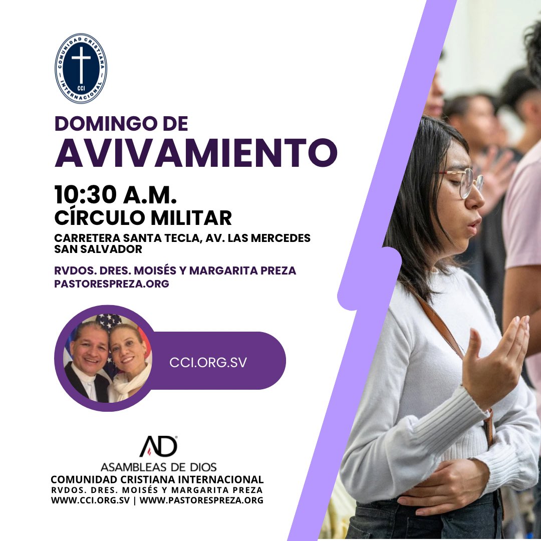 Cuando Dios habla, todo cambia.
Te invitamos este domingo a buscar al Señor con todo tu corazón. éis y me hallaréis, 

Día: Domingo
Hora: 10:30 a.m.
Lugar: Círculo Militar, San Salvador

Rvdos. Dres. Moisés y Margarita Preza
PastoresPreza.org