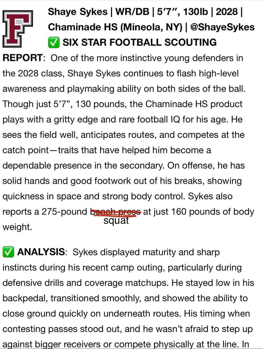 Shaye Sykes (@shayesykes) on Twitter photo Thank you <a href="/sixstarfootball/">Six Star Football | PLUS+</a> for the amazing report and analysis from the <a href="/FORDHAMFOOTBALL/">Fordham Football</a> <a href="/Coach_Conlin/">Joe Conlin</a> camp.
<a href="/Chaminade_FB/">Chaminade Flyers Football</a> <a href="/IronHawks7v7/">Iron Hawks 7v7</a> <a href="/coache57/">Tom Elder</a> <a href="/MarkMenghi/">Mark Menghi</a> <a href="/CoachLenahan/">James Lenahan</a> <a href="/BrianHawkins4/">Coach Hawkins</a> Thank you <a href="/sixstarfootball/">Six Star Football | PLUS+</a> for the amazing report and analysis from the <a href="/FORDHAMFOOTBALL/">Fordham Football</a> <a href="/Coach_Conlin/">Joe Conlin</a> camp.
<a href="/Chaminade_FB/">Chaminade Flyers Football</a> <a href="/IronHawks7v7/">Iron Hawks 7v7</a> <a href="/coache57/">Tom Elder</a> <a href="/MarkMenghi/">Mark Menghi</a> <a href="/CoachLenahan/">James Lenahan</a> <a href="/BrianHawkins4/">Coach Hawkins</a>