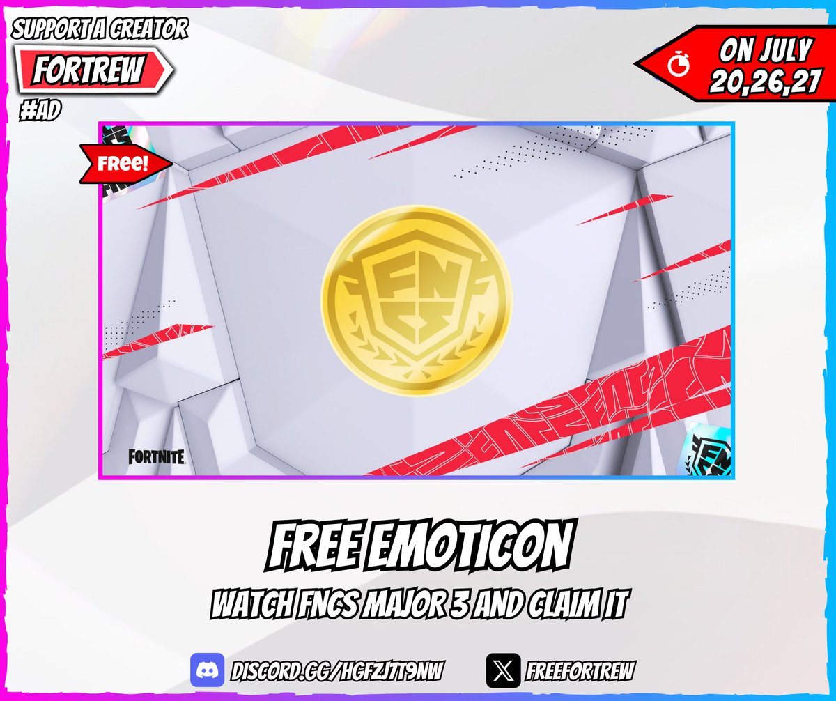 Twitch Drops Emoticon is now live!

🏆 Reward:
• "FNCS Coin" Emoticon (1 hour)

📅 Available today and on July 26th and 27th.

🔗 Link:
twitch.tv/fortnite?sr=a

❗️ Don't forget to claim in your Inventory (Drops).